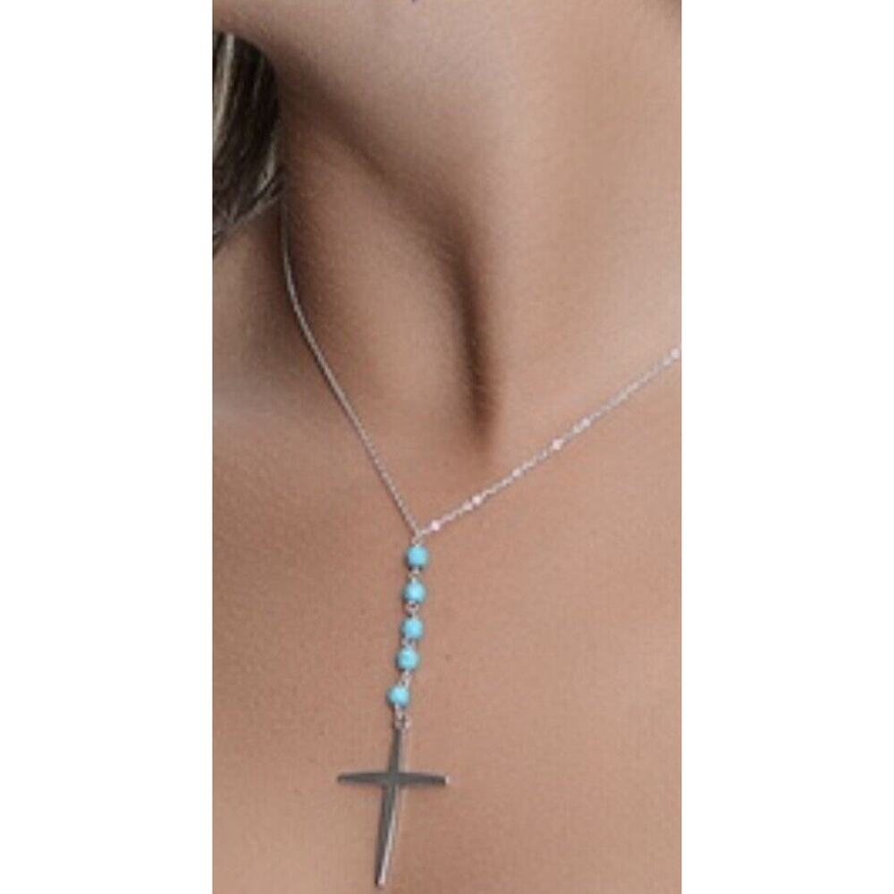 Golden Moon Inc Turquoise Beaded and Sterling Silver Rosary Cross Necklace